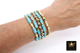 Baby Blue Turquoise Beaded Bracelets, Gold and Blue Stretchy Bracelet Stacks, Cube Beaded Crystal Bracelets