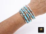 Baby Blue Turquoise Beaded Bracelets, Silver and Blue Stretchy Bracelet Stacks, Cube Beaded Crystal Bracelets