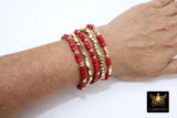 Red and Gold Beaded Bracelet, Red Crystal Cube Stretchy Bracelet, Gold Nugget Rondelle Stacks