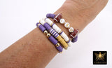 LSU Heishi Beaded Bracelet, 6 mm Purple White Gold Stretchy Bracelet #795, Square Heishi Tigers Mom Team Spirit Clay Beaded Bangles