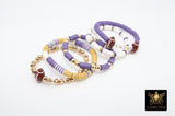 LSU Heishi Beaded Bracelet, 6 mm Purple White Gold Stretchy Bracelet #795, Square Heishi Tigers Mom Team Spirit Clay Beaded Bangles