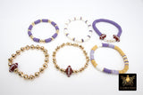 LSU Heishi Beaded Bracelet, 6 mm Purple White Gold Stretchy Bracelet #795, Square Heishi Tigers Mom Team Spirit Clay Beaded Bangles