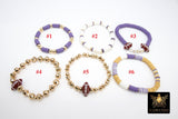 LSU Heishi Beaded Bracelet, 6 mm Purple White Gold Stretchy Bracelet #795, Square Heishi Tigers Mom Team Spirit Clay Beaded Bangles