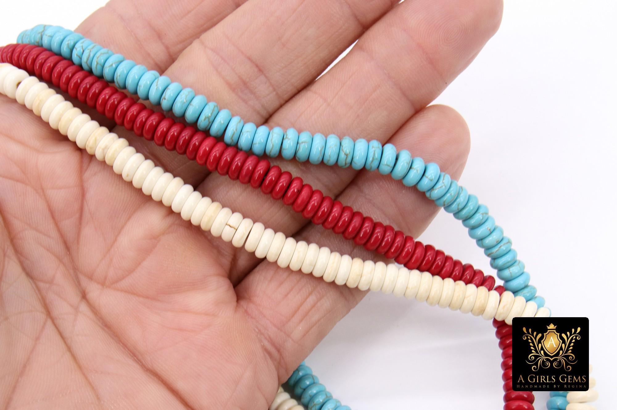 2 Strands White Turquoise Beads, 6 mm Blue Smooth Round Rondelle Howlite Beads BS #307, Red Flat Rondelle Beads