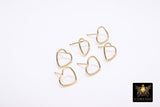 14 K Gold Hoop Heart Stud Earrings, 10 mm Heart Shaped Stud Post Findings # 621, Soldered Minimalist Hollow Heart