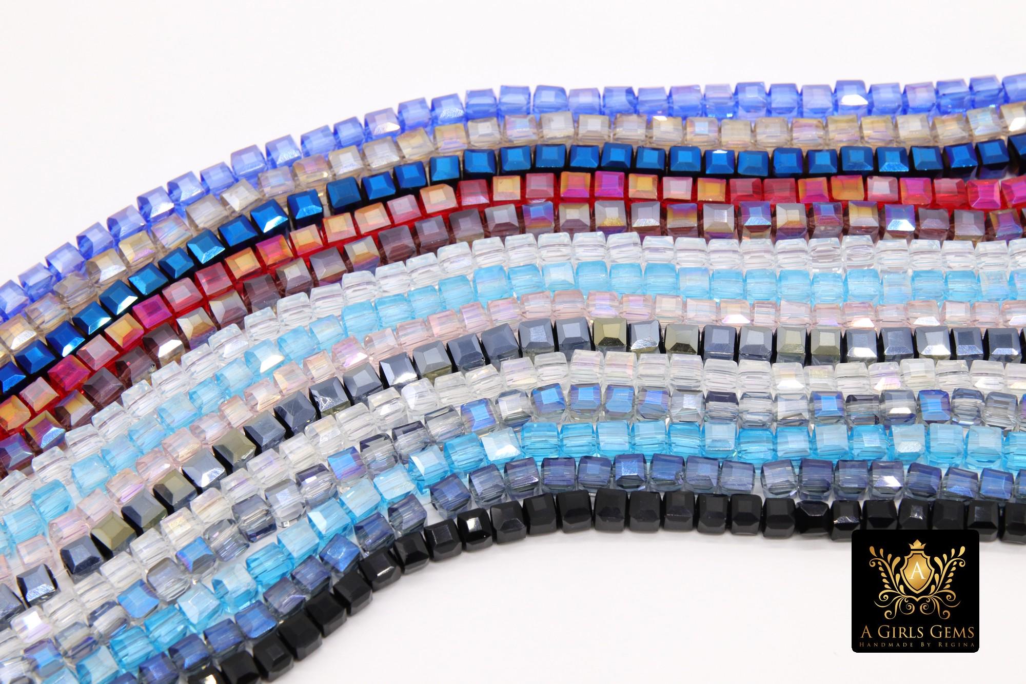 Crystal Cube Beads, Square Blue Red Beads BS #, 4 mm, Rose Clear Black Bead Strands, 15.7 inch Strands