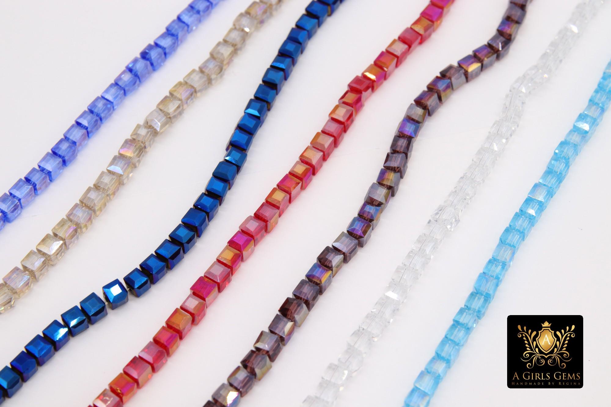 Crystal Cube Beads, Square Blue Red Beads BS #, 4 mm, Rose Clear Black Bead Strands, 15.7 inch Strands