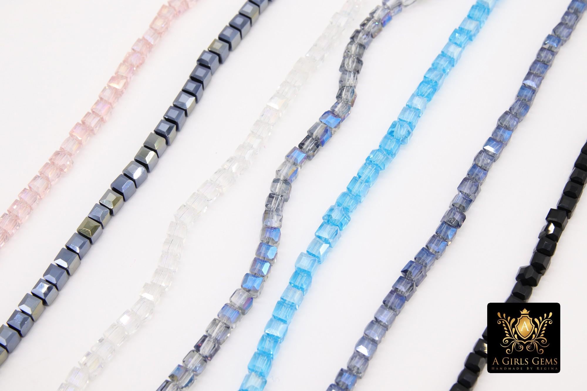 Crystal Cube Beads, Square Blue Red Beads BS #, 4 mm, Rose Clear Black Bead Strands, 15.7 inch Strands