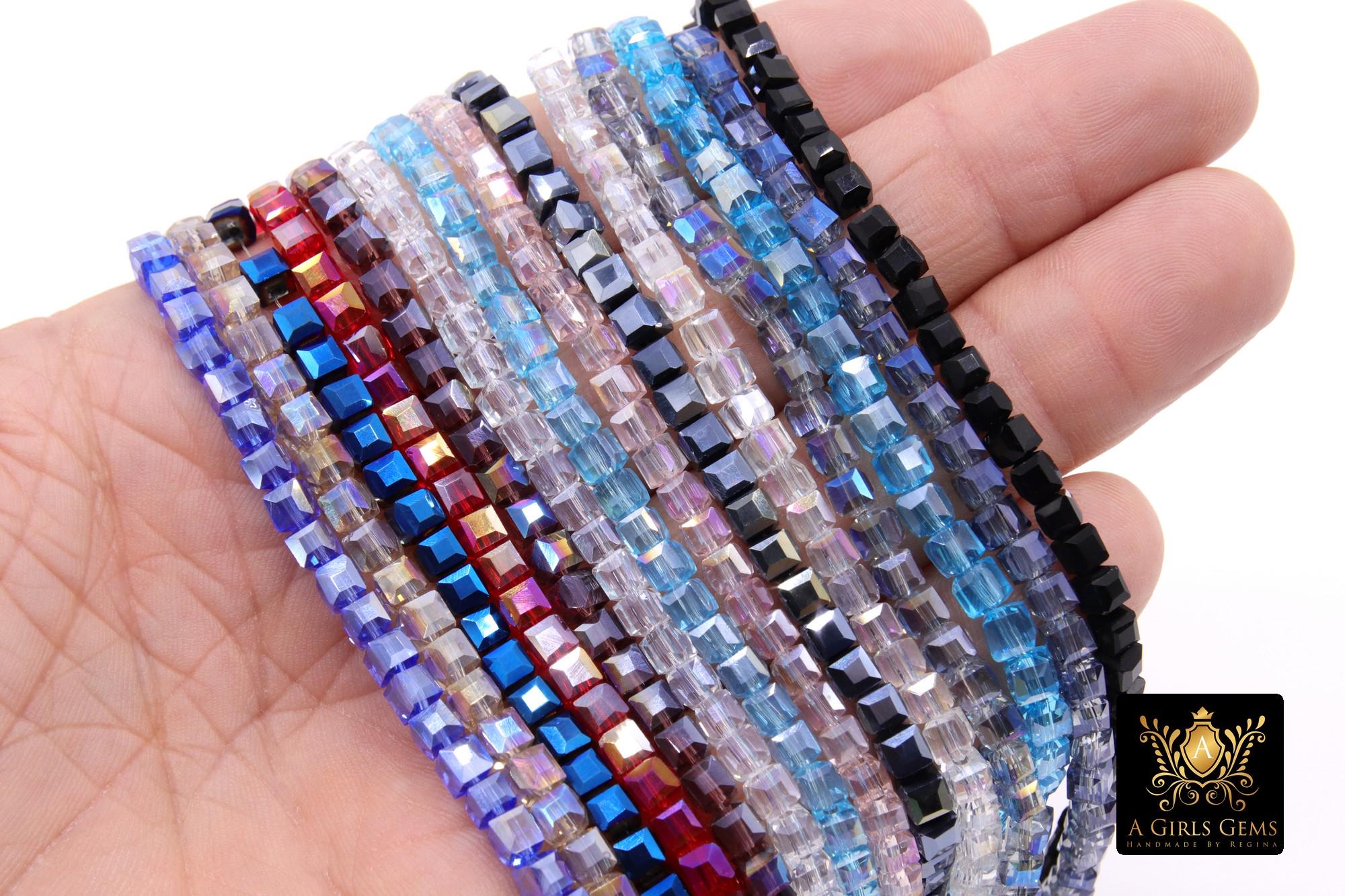 Crystal Cube Beads, Square Blue Red Beads BS #, 4 mm, Rose Clear Black Bead Strands, 15.7 inch Strands