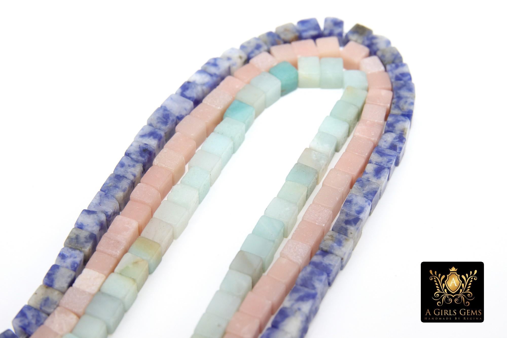 Gemstone Square Beads, Square Amazonite Cube Beads BS #166, 4 mm Spot Blue Jasper, Pink Opal Cube Beads, 15.7 inch Strands