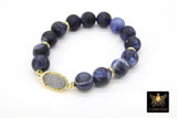 Blue Navy Druzy Beaded Bracelet, Sodalite Gold Stretchy Bracelet #795, Druzy Charm Bracelet