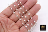 Natural Pearl Rosary Silver Chain, 4 mm Dainty Freshwater Beads Chain CH #520, Silver Wire Wrapped