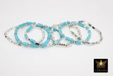 Baby Blue Turquoise Beaded Bracelets, Silver and Blue Stretchy Bracelet Stacks, Cube Beaded Crystal Bracelets