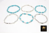 Baby Blue Turquoise Beaded Bracelets, Silver and Blue Stretchy Bracelet Stacks, Cube Beaded Crystal Bracelets