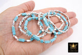 Baby Blue Turquoise Beaded Bracelets, Silver and Blue Stretchy Bracelet Stacks, Cube Beaded Crystal Bracelets