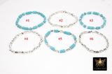 Baby Blue Turquoise Beaded Bracelets, Silver and Blue Stretchy Bracelet Stacks, Cube Beaded Crystal Bracelets