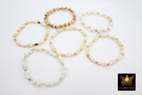 White Turquoise Beaded Bracelets, Gold and Creamy Beige Stretchy Bracelet Stacks, Cube Beaded Crystal Bracelets