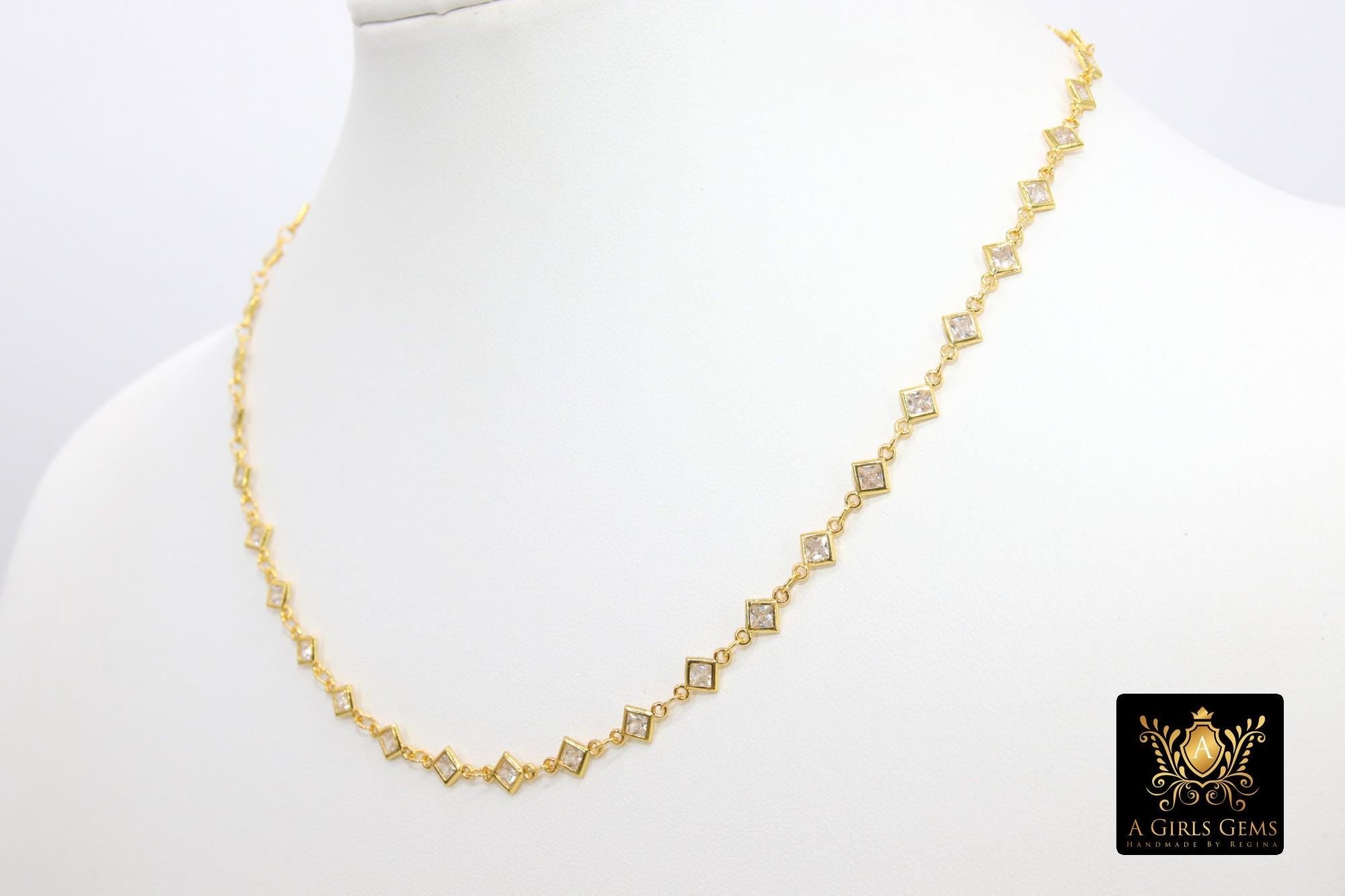 Cubic Zirconia Necklace, Gold Dainty Diamond Shaped CZ Choker, Clear Silver CZ Necklace