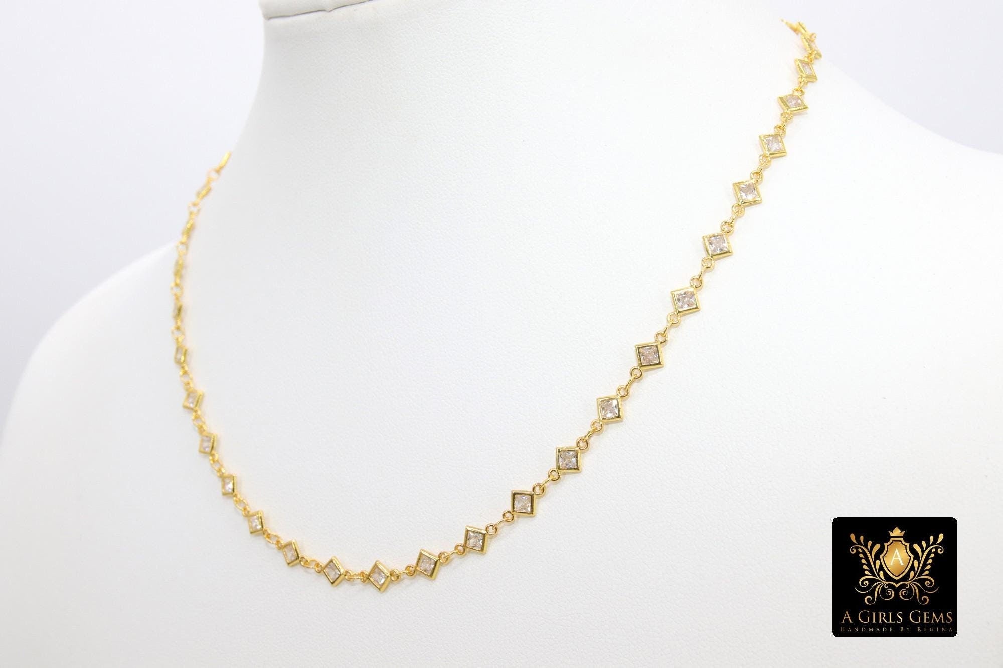 Gold CZ By The Yard Necklace Diamond Shaped Cubic Zirconia Choker