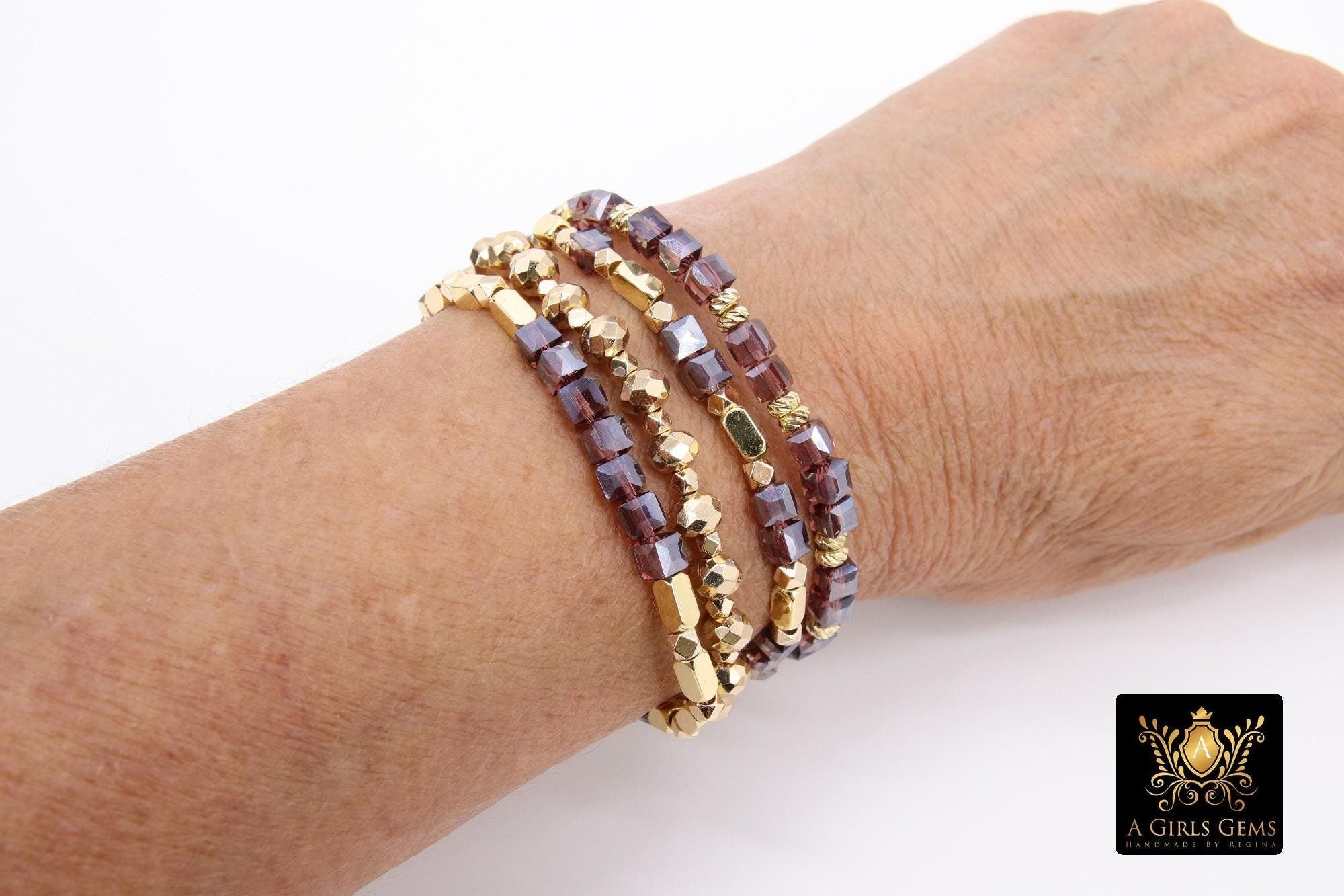 Purple and Gold Beaded Stretchy Dainty Bracelet Stacks