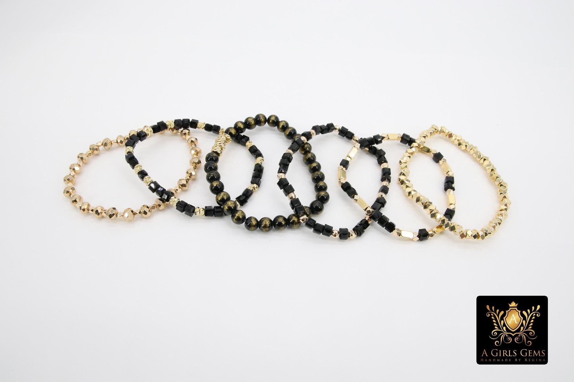 Black and Gold Beaded Bracelet, Black Cube Stretchy Bracelet, Gold Nugget Crystal Stacks