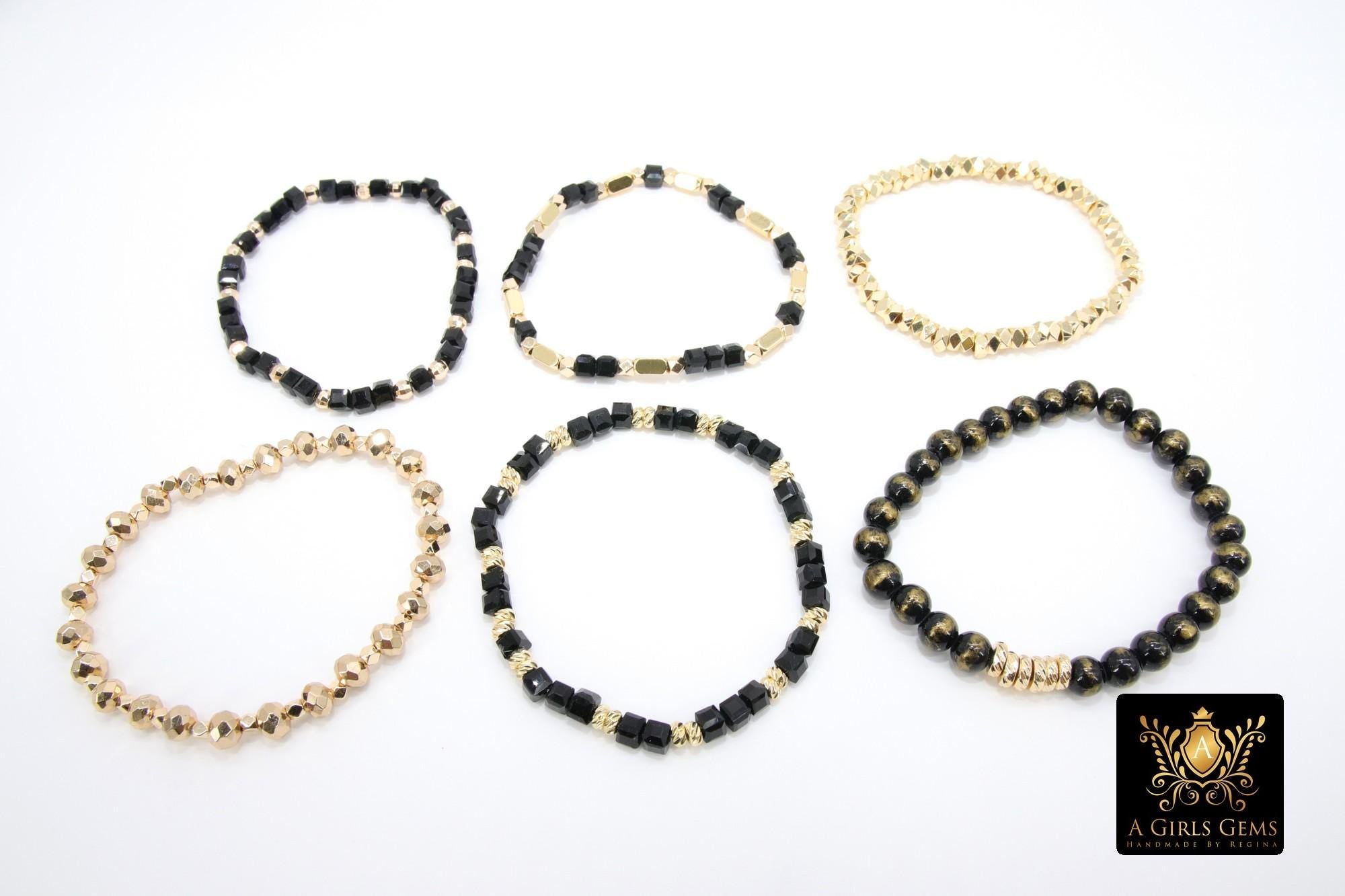 Black and Gold Beaded Bracelet, Black Cube Stretchy Bracelet, Gold Nugget Crystal Stacks