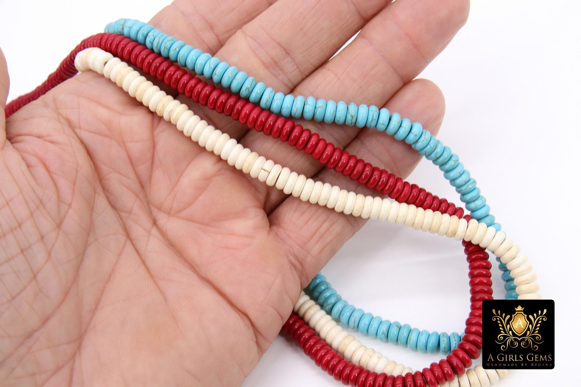 2 Strands White Turquoise Beads, 6 mm Blue Smooth Round Rondelle Howlite Beads BS #307, Red Flat Rondelle Beads