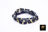 Blue Druzy Beaded Bracelet, 6 mm Navy Druzy Gold Stretchy Bracelet, Rondelle Heishi Gold Charm Bracelet