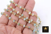 Natural Amazonite Beaded Rondelle Rosary Chain, 6 mm Gold Wire Wrapped CH #541, Blue Stone Religious Chain