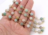 Matte Amazonite Rosary Chain, 8 mm Gold Plated Wire Wrapped Chain CH #542, By The Foot