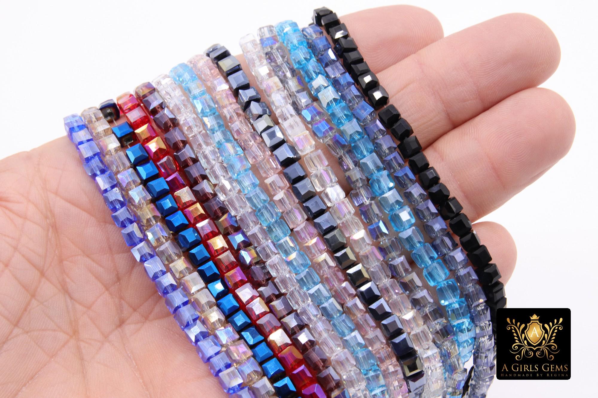 Crystal Cube Beads, Square Blue Red Beads BS #, 4 mm, Rose Clear Black Bead Strands, 15.7 inch Strands