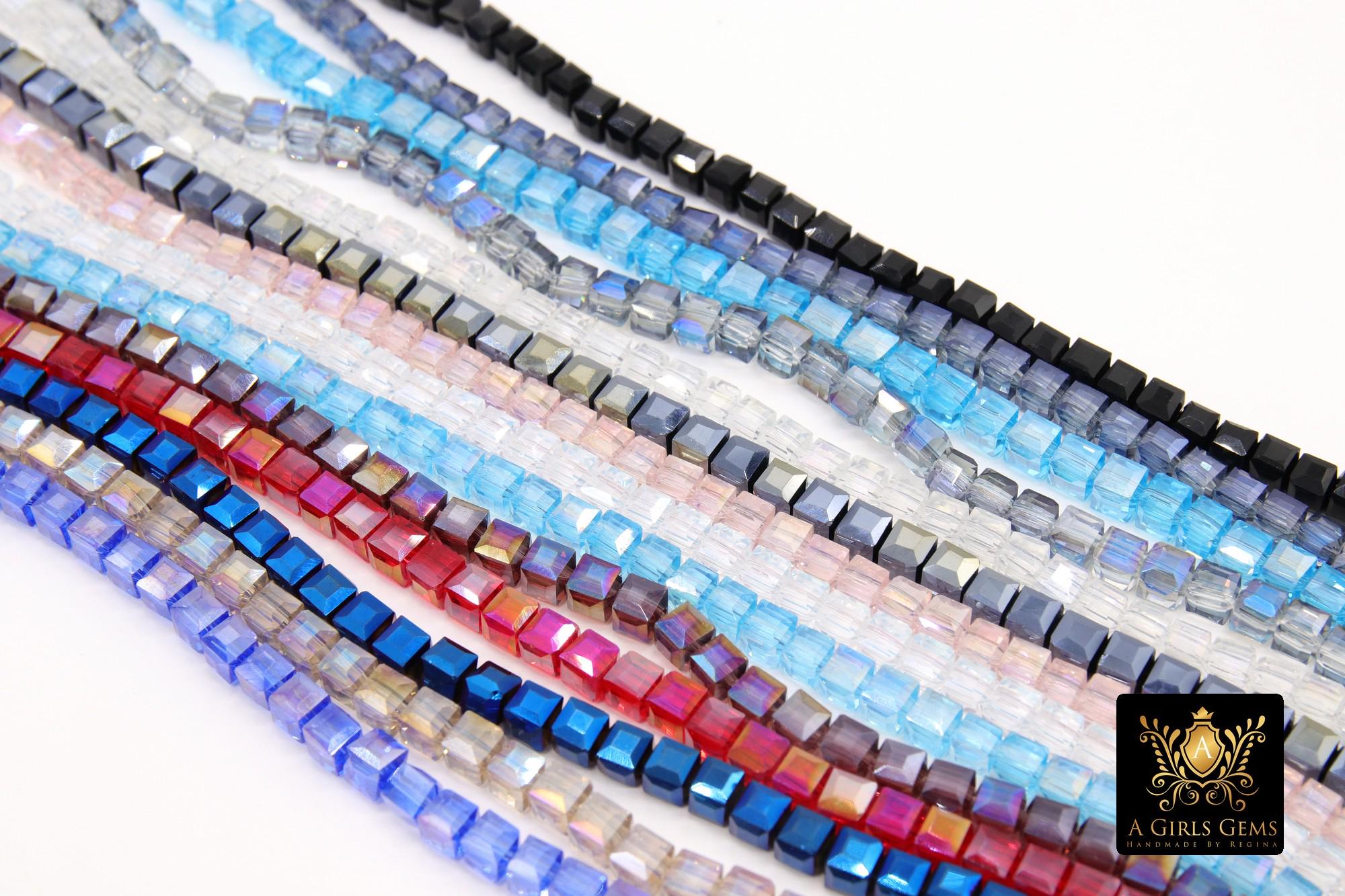 Crystal Cube Beads, Square Blue Red Beads BS #, 4 mm, Rose Clear Black Bead Strands, 15.7 inch Strands