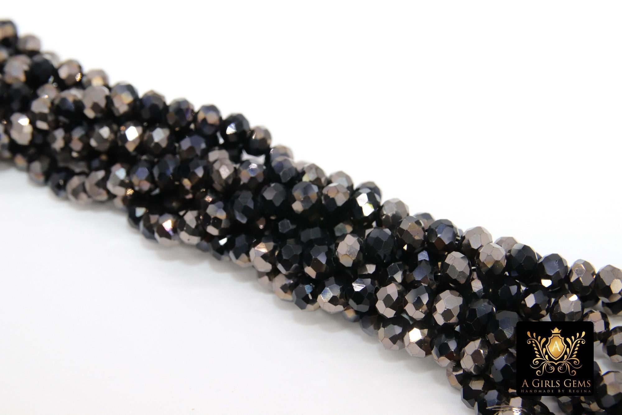 Black Electroplated AB Crystal Beads, 6 mm Crystal Faceted Rondelle Beads BS #322, 15.5 inch Jewelry Strands