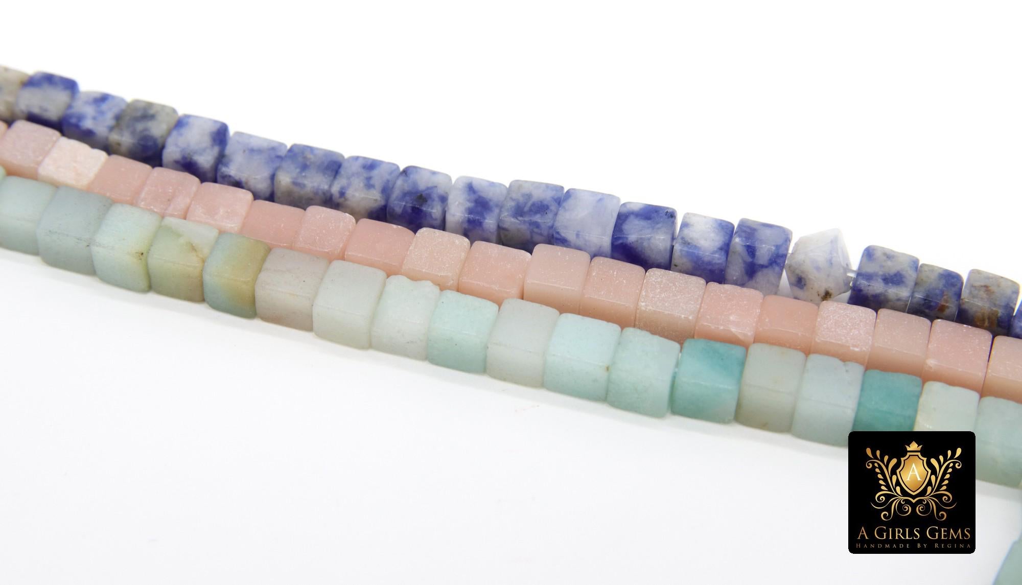 Gemstone Square Beads, Square Amazonite Cube Beads BS #166, 4 mm Spot Blue Jasper, Pink Opal Cube Beads, 15.7 inch Strands