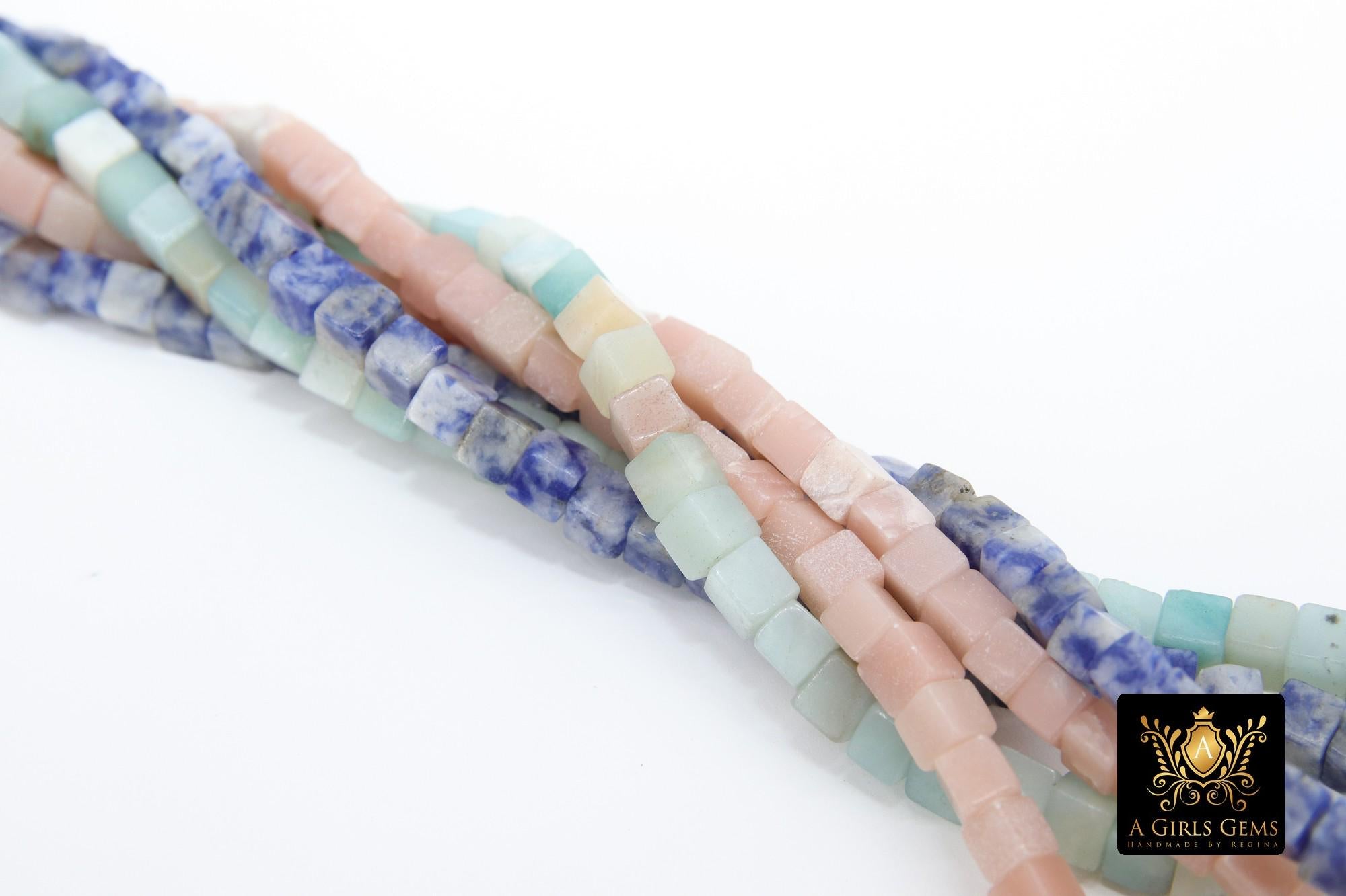 Gemstone Square Beads, Square Amazonite Cube Beads BS #166, 4 mm Spot Blue Jasper, Pink Opal Cube Beads, 15.7 inch Strands