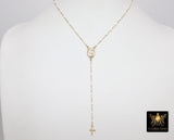 14 K Gold Filled White Beaded Satellite Cross Necklace, Virgin Mary Rosary Choker, Religious Dainty Medallion