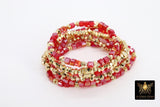 Red and Gold Beaded Bracelet, Red Crystal Cube Stretchy Bracelet, Gold Nugget Rondelle Stacks