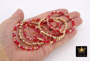 Red and Gold Beaded Bracelet, Red Crystal Cube Stretchy Bracelet, Gold Nugget Rondelle Stacks