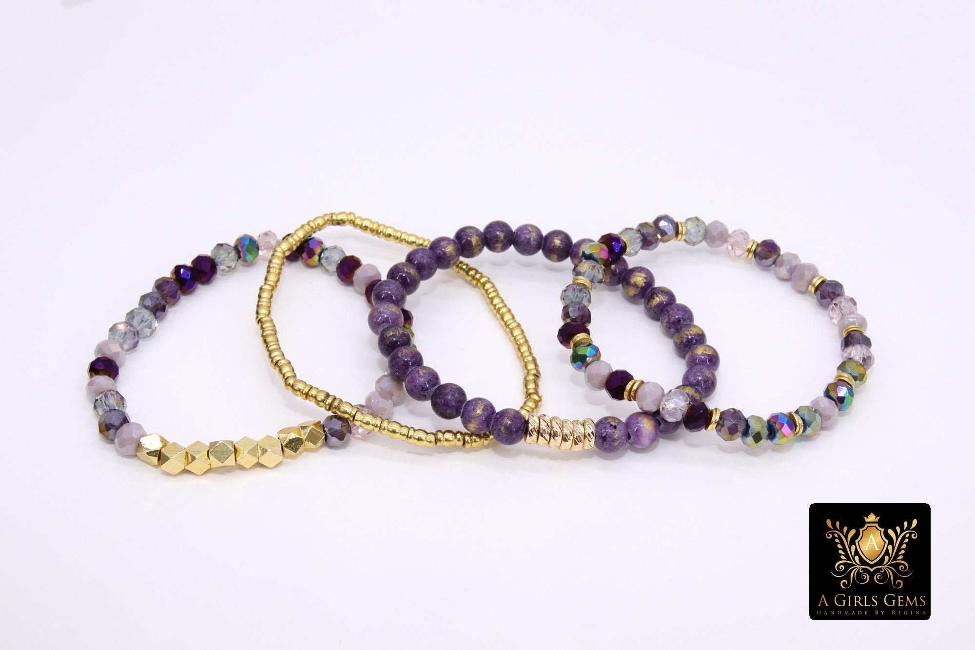 Purple And Gold Beaded Bracelet, 6 mm Gold Stretchy Bracelet #795, Dainty Rondelle LSU Heishi Tigers Charm Bracelet