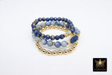 Blue Druzy Beaded Bracelet, 6 mm Navy Druzy Gold Stretchy Bracelet, Rondelle Heishi Gold Charm Bracelet