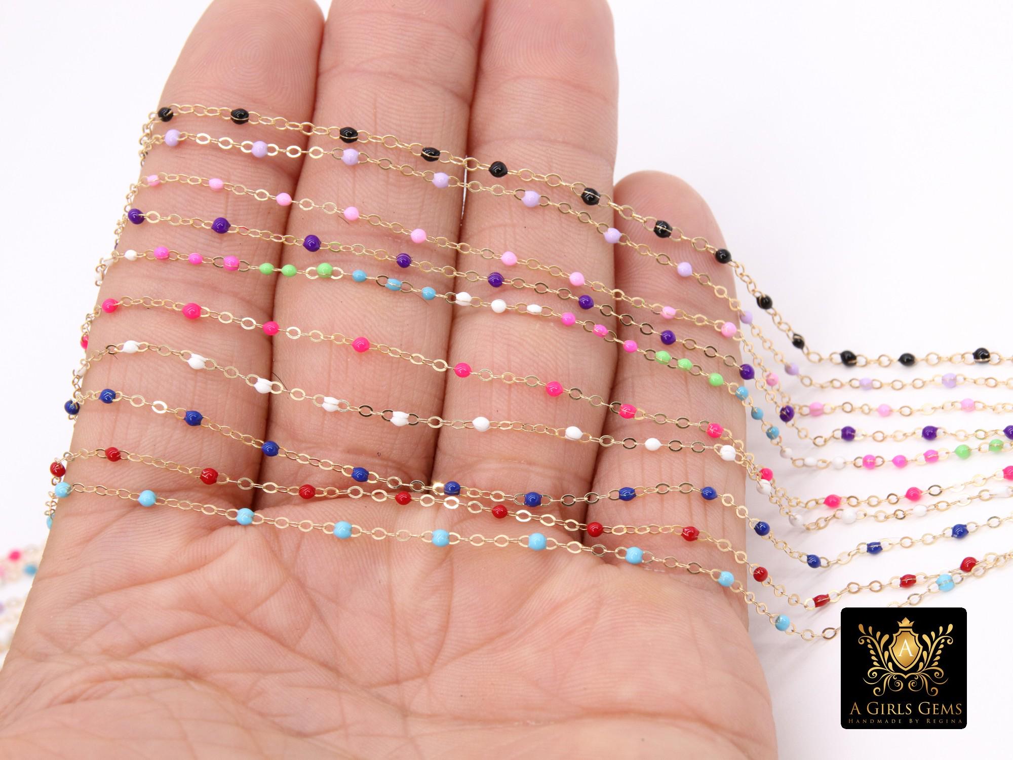 14 K Gold Filled Dainty Beaded Enamel Satellite Chain, Bead Rainbow Jewelry CH #799, By Foot Unfinished Cable, Minimalist Permanent Jewelry