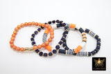 Heishi Beaded Bracelet, Navy Blue Orange White Gold Stretchy Bracelet #698, Auburn Tiger Team School Spirit Clay Beaded Bracelets