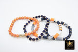 Heishi Beaded Bracelet, Navy Blue Orange White Gold Stretchy Bracelet #698, Auburn Tiger Team School Spirit Clay Beaded Bracelets