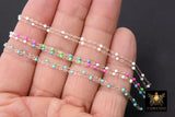 925 Sterling Silver 2.1 mm Hammered Dainty Enamel Beaded Chains, By The Foot, Multi Mix, Baby Blue, White Beads