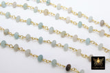 Natural Amazonite Beaded Rondelle Rosary Chain, 6 mm Gold Wire Wrapped CH #541, Blue Stone Religious Chain, By The Foot, Unfinished Chain