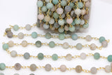 Matte Amazonite Rosary Chain, 8 mm Gold Plated Wire Wrapped Chain CH #542, By The Foot, Unfinished Beaded Chains, Boho Religious Jewelry