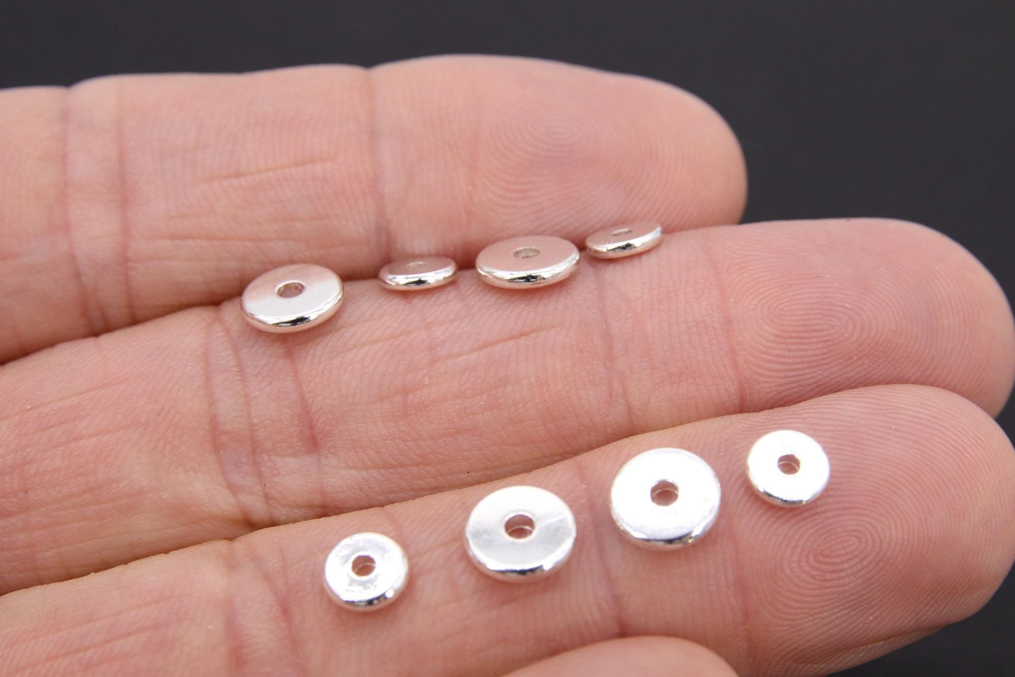 Silver Spacer Beads, 1.2 mm Thick Round Discs, 20 pcs Rondelle Donuts Findings, Flat Heishi Beads, High Quality Smooth Plating, 4/6/8 mm