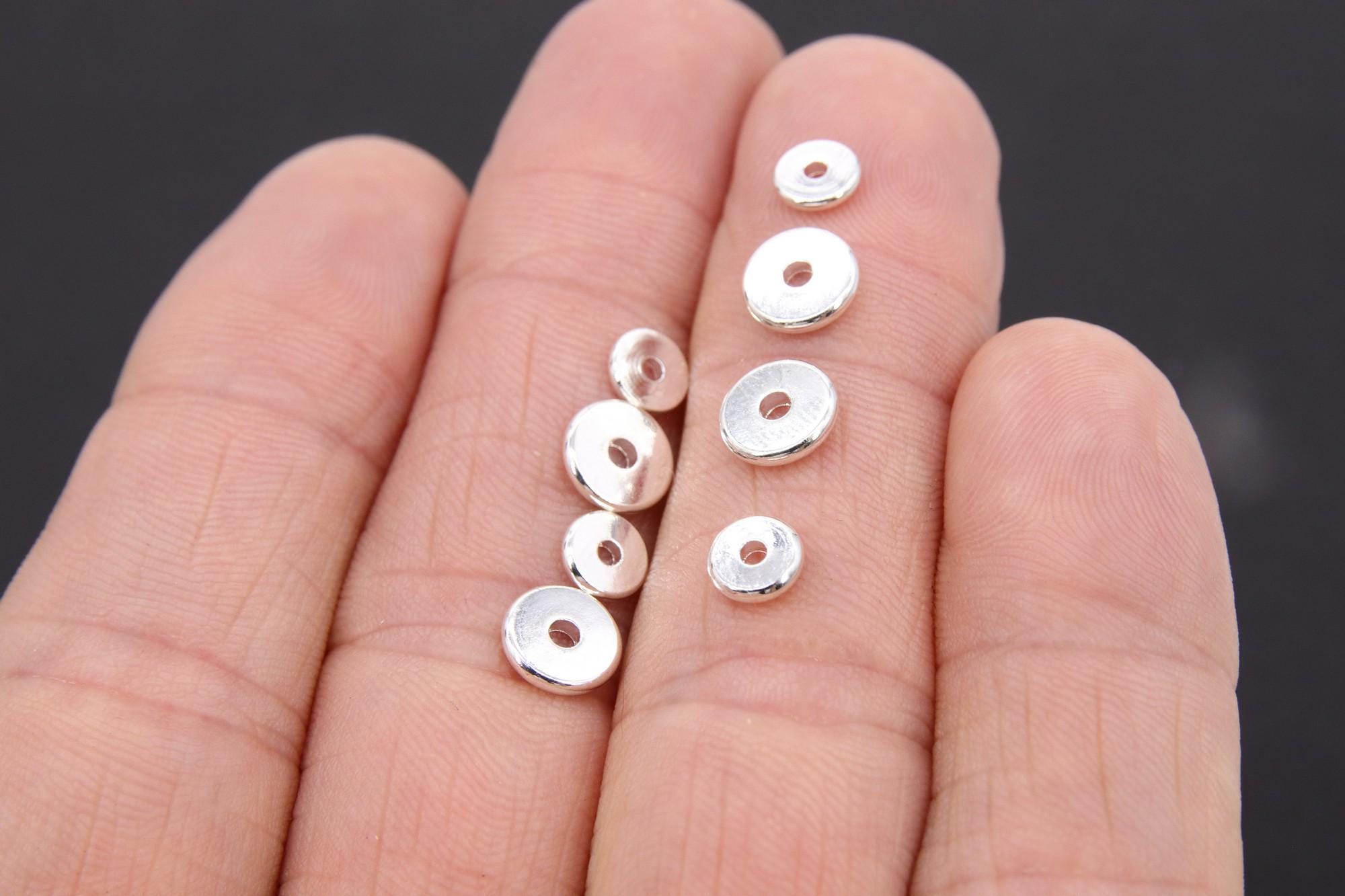 Silver Spacer Beads, 1.2 mm Thick Round Discs, 20 pcs Rondelle Donuts Findings, Flat Heishi Beads, High Quality Smooth Plating, 4/6/8 mm