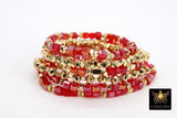 Red and Gold Beaded Bracelet, Red Crystal Cube Stretchy Bracelet, Gold Nugget Rondelle Stacks