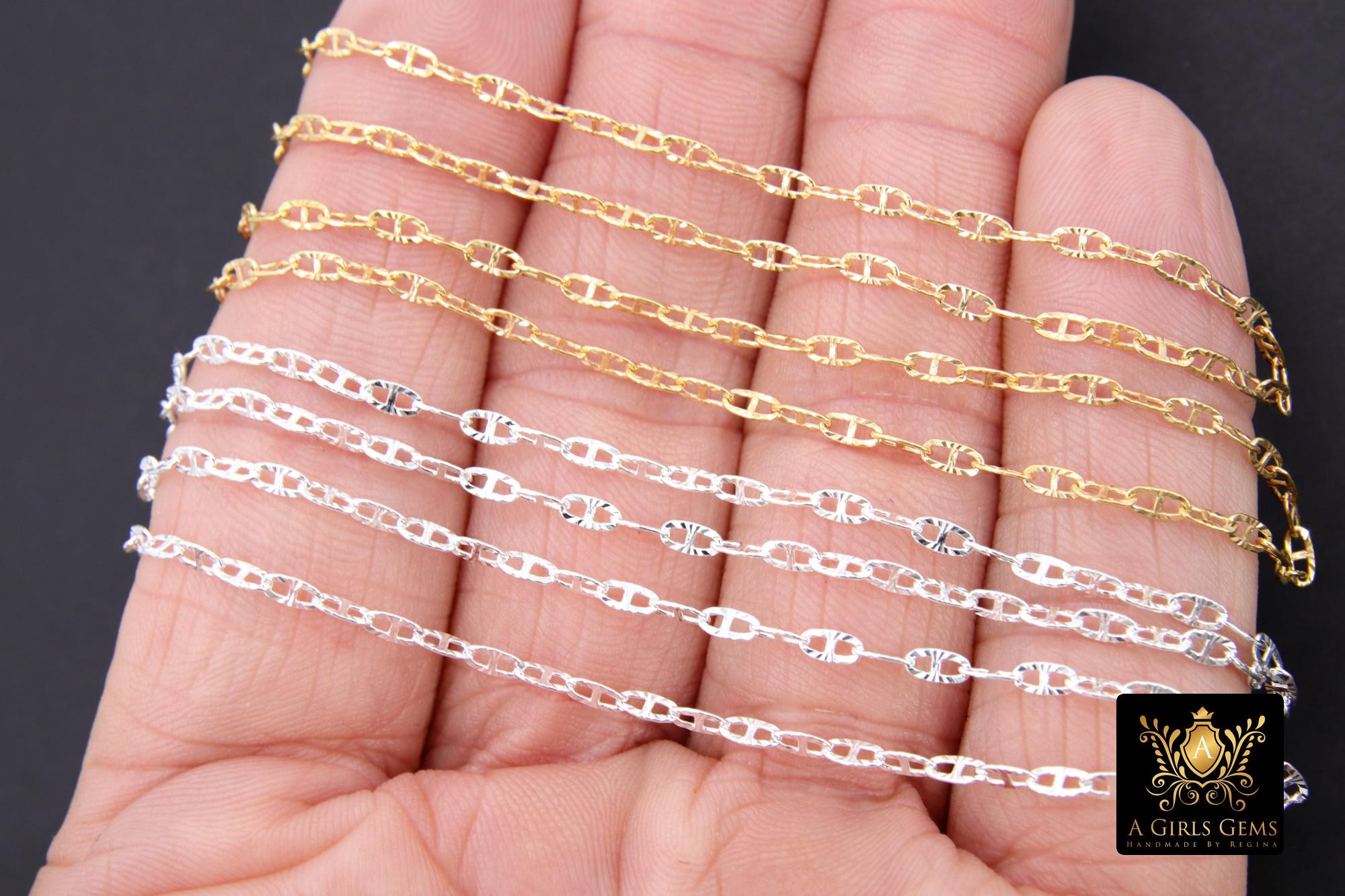 14 K Gold Filled Mariner Chains, 925 Silver Nugget Mariner CH #770, Anchor Sequin Textured Flat Chain